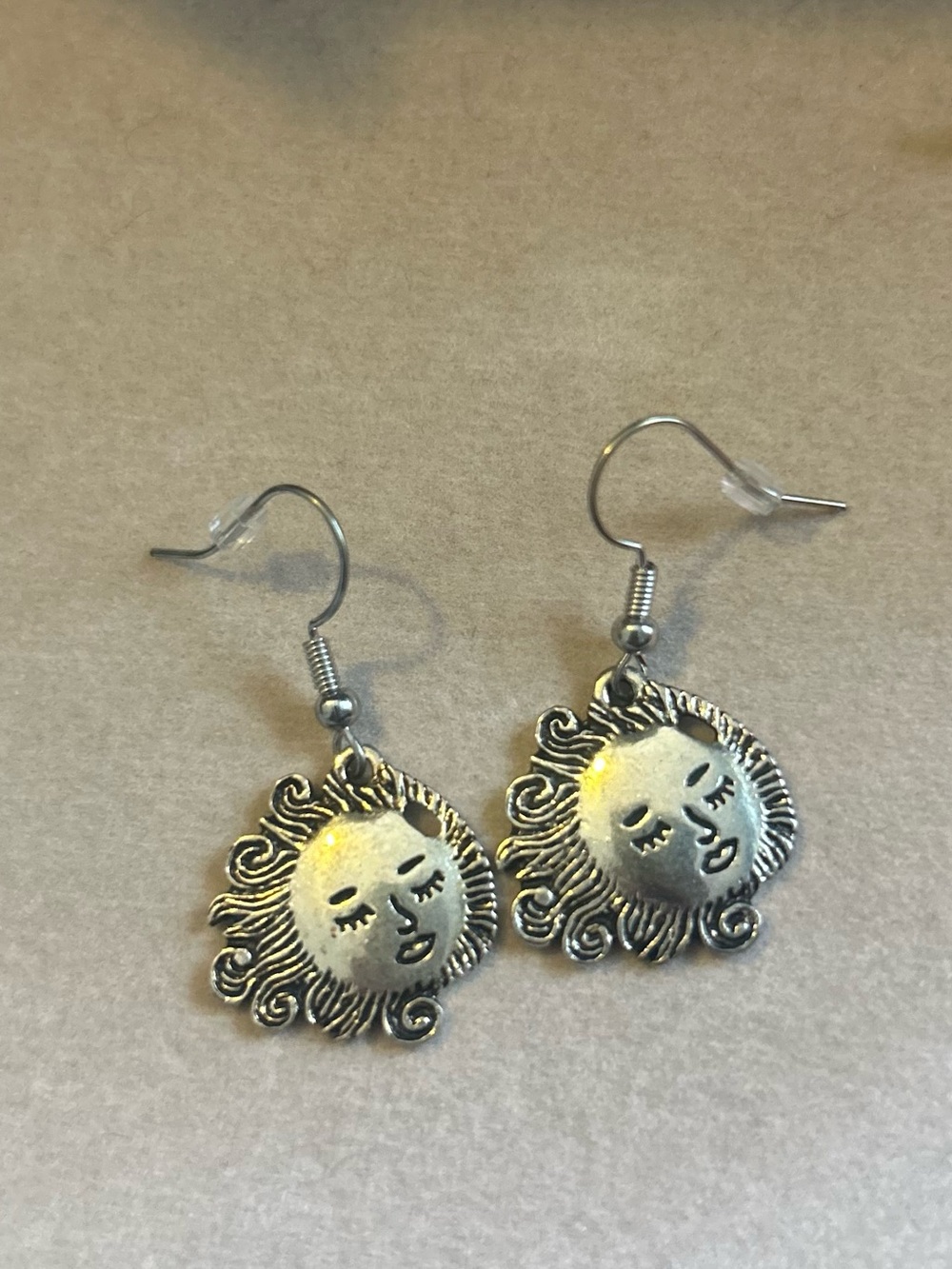 Sun Face Silver-Tone Drop Earrings - Handmade